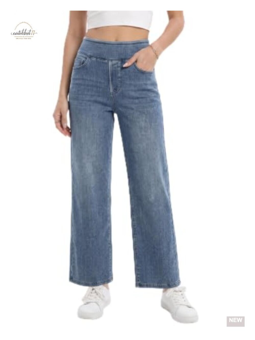 Wide Leg Pull On Jeans High Rise Stretchy Denim Pants Elastic Waist Tummy